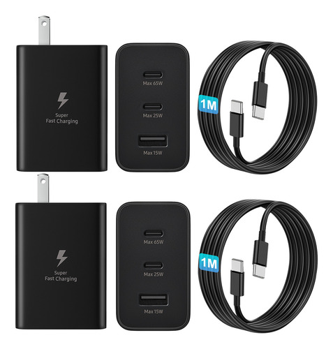 Gytuiv 2pcs 3boca Cargador Tipo C+2pcs 1m Para Cable De Carga Samsung 65w Carga Rápida Para Samsung A55 Para Galaxy S24 Ultra/s24+/s24+/s23 Ultra/s23+/s22 Ultra/s22 A55/a54/a53/a52/a35/a34/a33 Negro