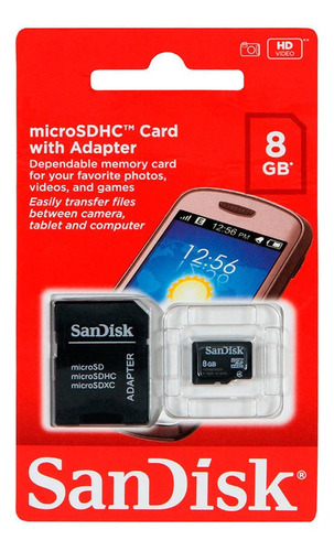 Memoria Micro Sd Sandisk + Adaptadorsd 8 Gb Clase 4