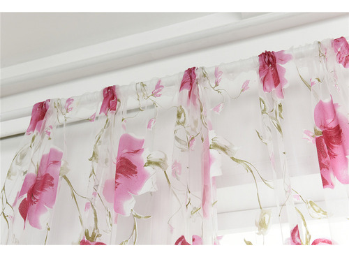 Cortina Rosa De Gasa Transparente Con Estampado De Flores, 1