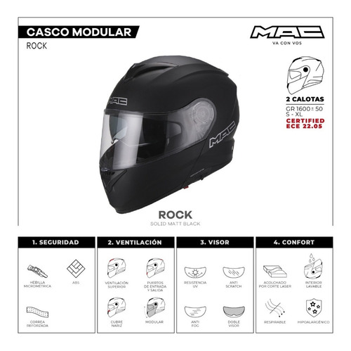 Imagen 4 de 5 de Casco Moto Rebatible Ls2 Mac Rock Solid Negro Mate Rolling M