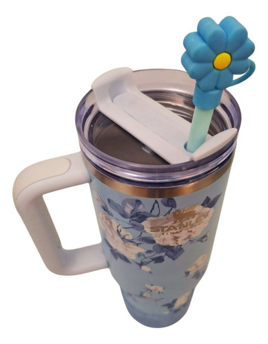Vaso Térmico 1.2l Con Manija Floreado Celeste Flores