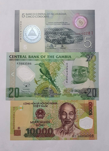 3 Billetes Antiguos Del Mundo Polimero Nicaragua Gambia Sk06