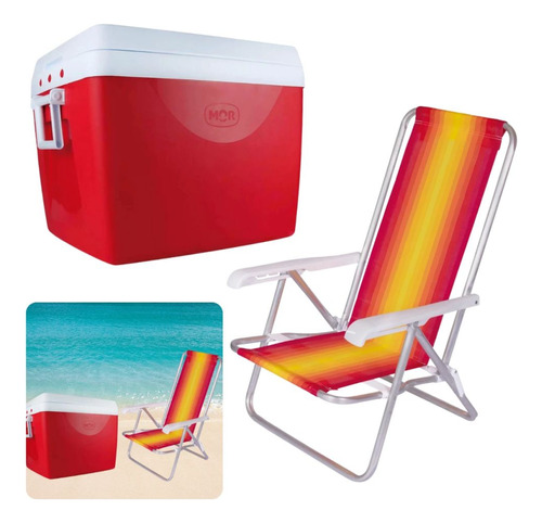 Kit Pesca Cooler Vermelho 75 L Alça + Cadeira 4 Posições