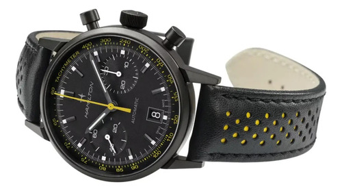 Reloj Hamilton American Classic Intra-matic Automatic Chrono Correa Negro Bisel Amarillo Fondo Negro