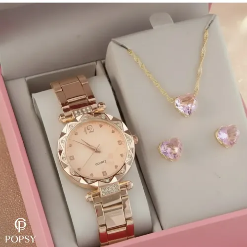 Relogio Feminino De Pulso Kit Colar Pingente E Brincos Folheados 18k Alta Qualidade Premium Cor Rose Semi Joias Acessorios Feminino Marca Popsy