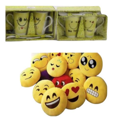 Set  De 2 Taza Carita Y 1 Almohad Cojin Carita Surtido Emoji