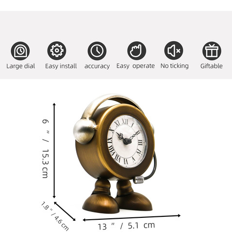 Reloj De Mesa Youki Robot Vintage Sin Tictac Modelo Rústico Dorado