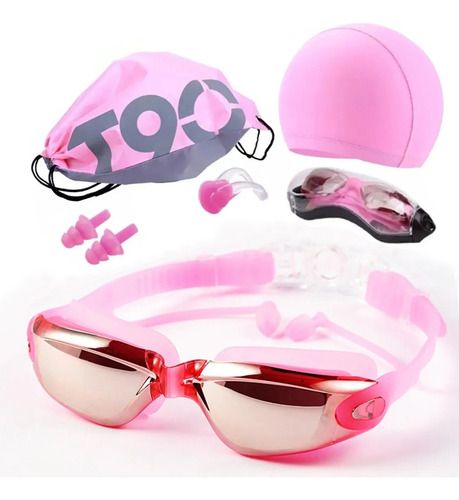 Set Natación 5pz, Gogles+gorra+clip Nariz+tapones+bolsa Rosa