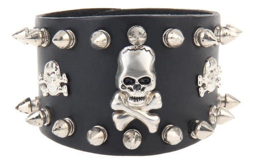 Pulseira Larga De Couro Com Caveira E Rebite Gótico Preto