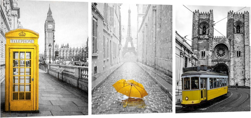 Cuadro Triptico Paris Londres Lisboa Grises Amarillo 90x40cm
