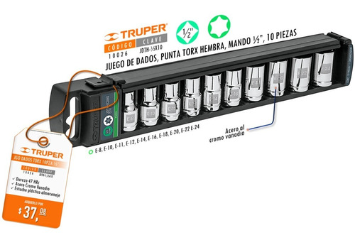 Juego De Dados Torx Mando 1/2 Hembra 10 Piezas Truper 10026