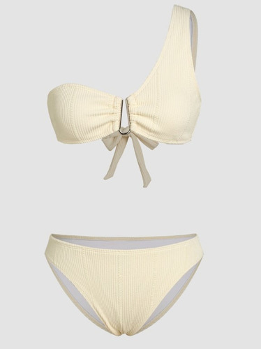 Bikini Texturado Beige Talle S, Un Hombro - 2 Piezas