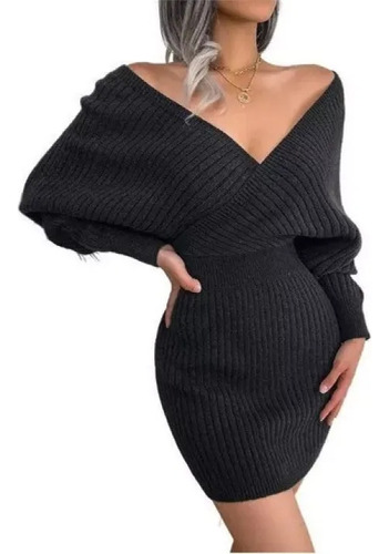 Vestido De Lana Con Cuello En V Tejido Invierno Para Mujer