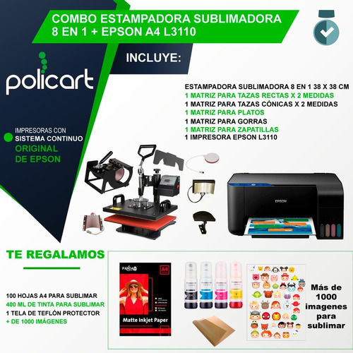 Maquina Estampar Sublimar 8en1 38x38+ Epson A4 + Tinta Papel Para Sublimar Estampar Remeras Tazas Gorras Celulares Plato
