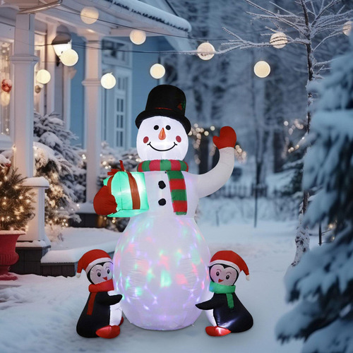 Muñeco De Nieve Inflable Navideño Con Luces + 2 Pingüinos