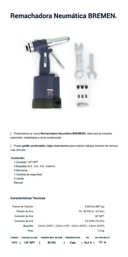 Imagen 2 de 3 de Remachadora Neumatica Bremen Pop Industrial Cod 7471 Dgm