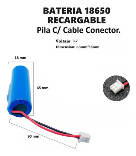 Pila Recargable 18650 3.7v 2600mah Con Cable Conector