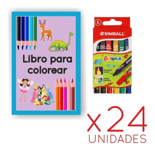 24 Kit Set Libro Colorear Dibujos Crayon Color Cortos Dibuj