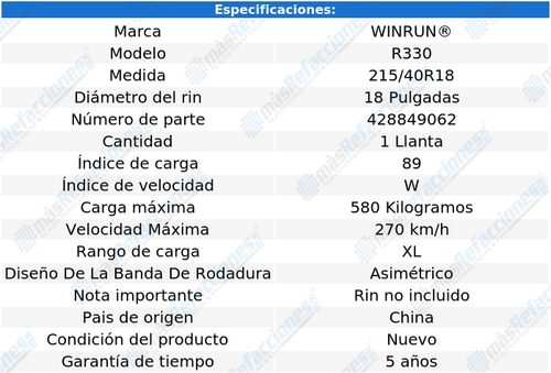 Llanta 215/40zr18 89w Xl Winrun R330