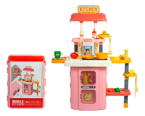 Cocinita Infantil 3 En 1 Cocina Y Maleta Luz, Sonido Y Agua Color Rosa