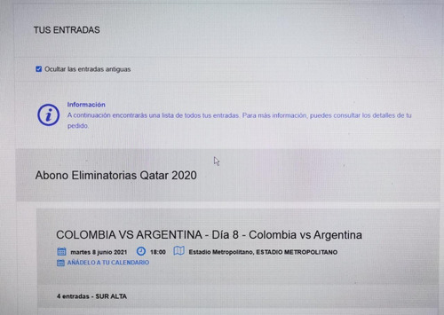 Imagen 3 de 3 de Boletas Partido Colombia Vs Argentina