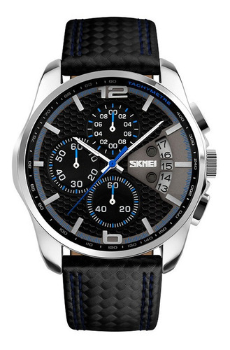 Reloj Caballero Correa De Cuero Negro Con Azul Skmei 9106