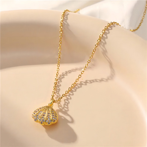 Collar Dije De Concha Con Perla Marina Ostra De Mar Con Piedra Preciosa Chapada En Oro De 18k Para Mujer Dama Elegante Color Dorado