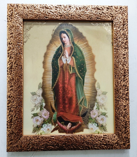 Virgen De Guadalupe Manto Verde En Marco Cobre 2 30 X 25 Cms