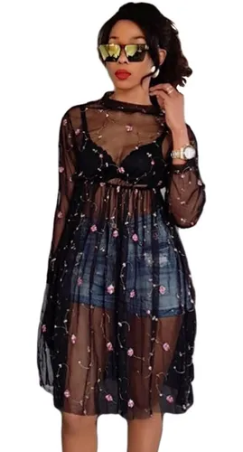 Vestido Sensual De Malla Transparente Con Bordado Floreado