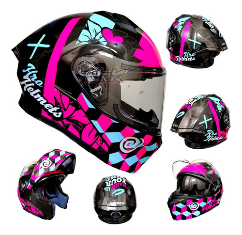 Casco Moto Negro Rosa Mujer Hro Certificado Deportivo Flores