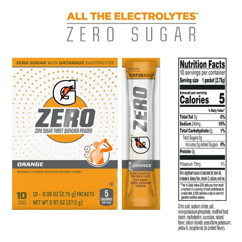 Gatorade Zero Naranja 10 Sobres | Sin Azúcar Y Electrolitos