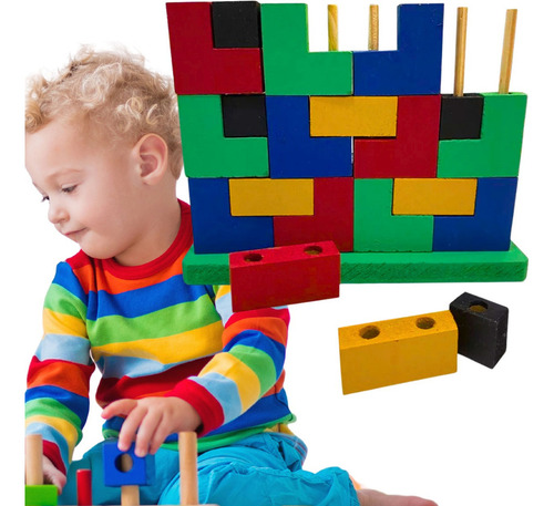 Blocos De Encaixe Vertical Tetris Brinquedo Em Mdf Educativo Pedagogico 20 Peças De Montar Infantil