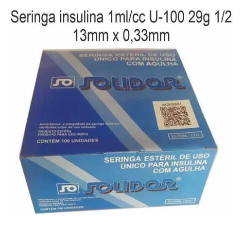 Seringa De Insulina 1 Ml Agulha 13 X 0,33mm Solidor 200 Und