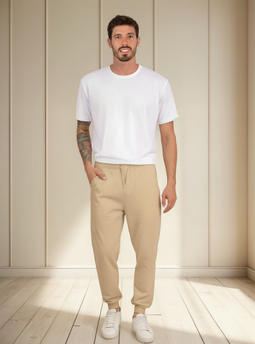 Pantalón Jogger Beige Casual Ideal Moda Cómodo Elastico