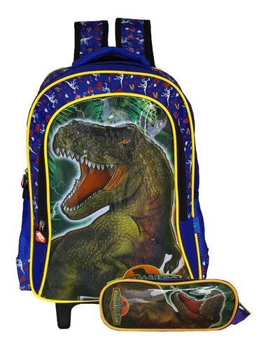 Kit Mochila De Rodinhas Com Estojo Infantil Do Dinossauro 