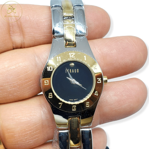 Reloj Mujer Acero Feraud Plateado Dorado Fondo Negro