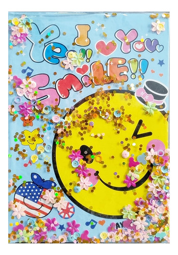 Caderno Emoji Smile 1/4 Brochura Paetê Capa Reutilizável Cor Azul