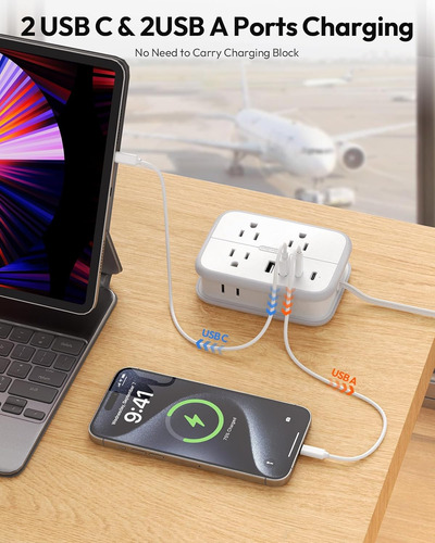 Regleta De Alimentación De Viaje Con 6 Tomas Y 4 Puertos Usb