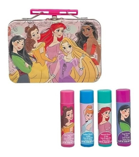 Set De 4 Lips Balm Para Niñas Princesas Disney Caja Metálica