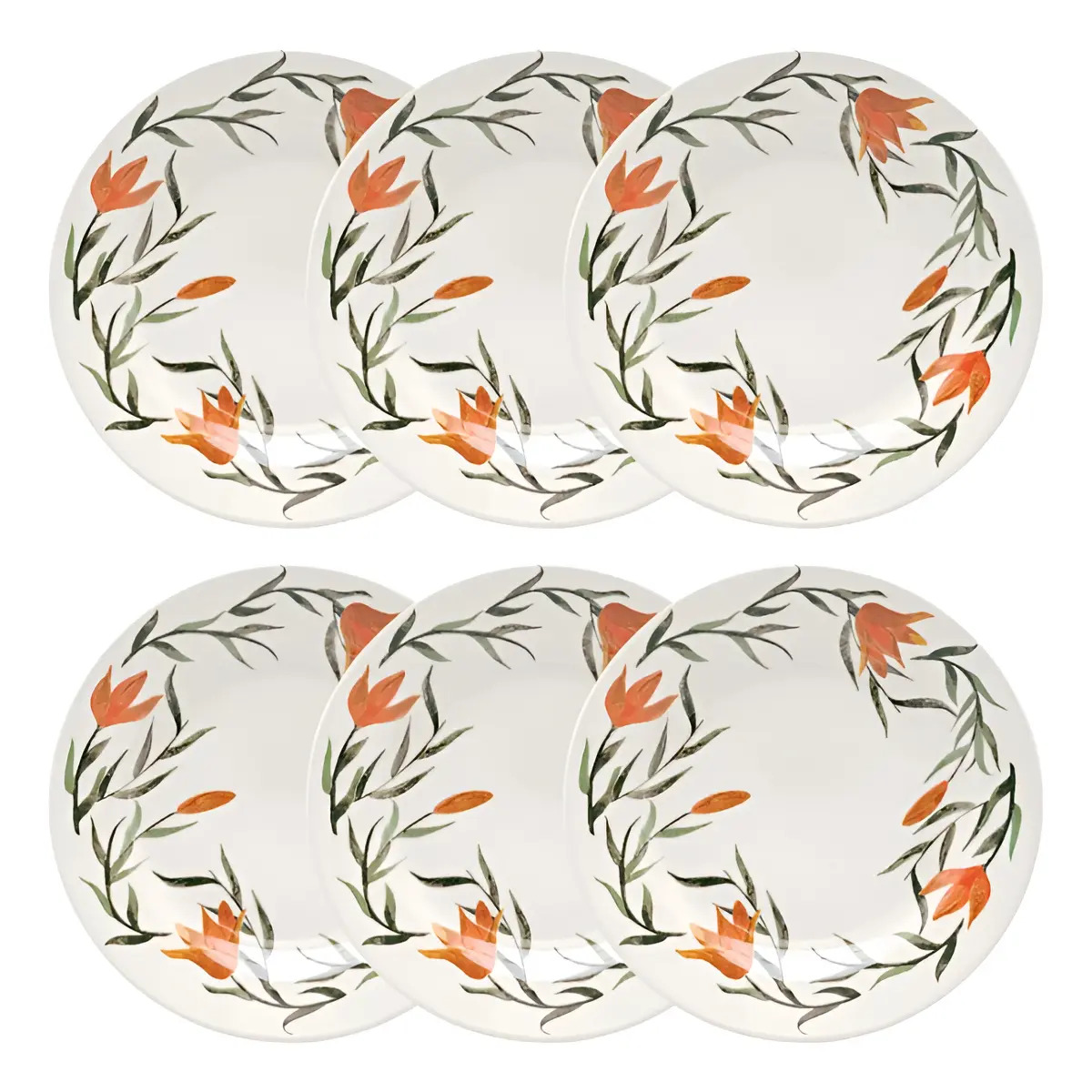 Conjunto 6 Pratos Rasos 24cm Cerâmica Lírios  Donna Biona Coloridos
