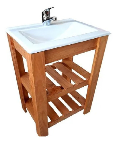 Mueble para baño DF Hogar Campo pie + bacha + grifería de 50cm de ancho, 80cm de alto y 37cm de profundidad, con bacha color blanco y mueble cedro con tres agujeros para grifería