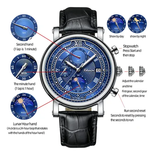 Relógio cronógrafo luminoso Chenxi Moon Phase Color Del Bezel Rose
