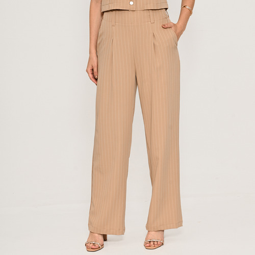 Conjunto Bisô Camisa E Calça Alfaiataria Risca De Giz Bege