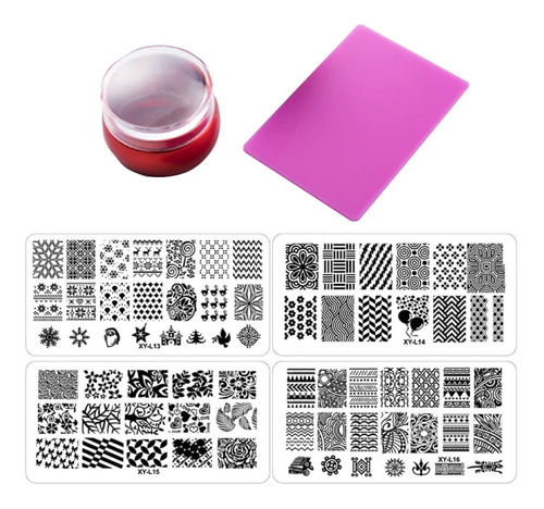 Kit Sello Estampador Uñas Metálico+ 4 Placas Acrílicas 