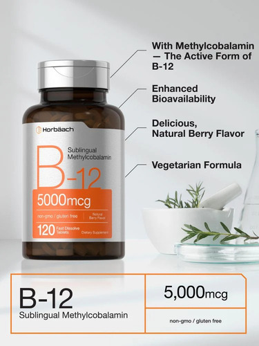 Vitamina B12 5,000 Mcg Metilcobalamina Sublingual 120 Cáps.