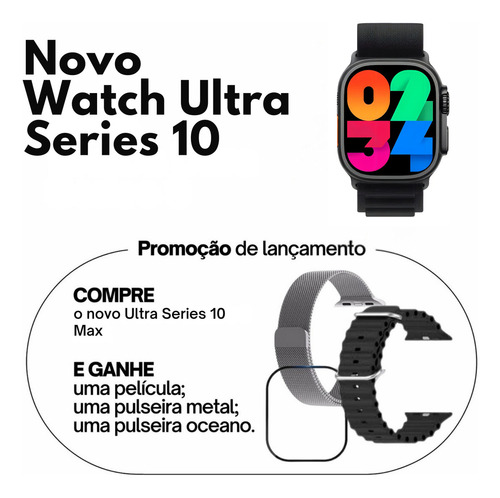Smartwatch Watch Ultra Serie 10 Nfc Gps Amoled Pulseira Preto 2 pulseiras e película