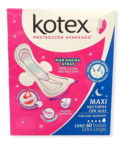 Toalla Femenina Pantiprotector Kotex Nocturna Con Alas 50pzs