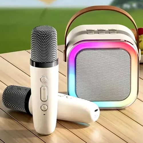 Caixinha Som Karaokê Infantil C/ 2 Microfone Bluetooth S/fio Creme