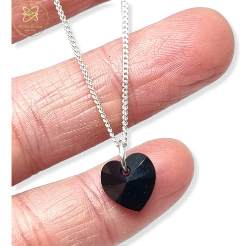 Imagen 4 de 7 de Cadena Plata + Dije Corazon Cristal Swa Negro 10 Mm