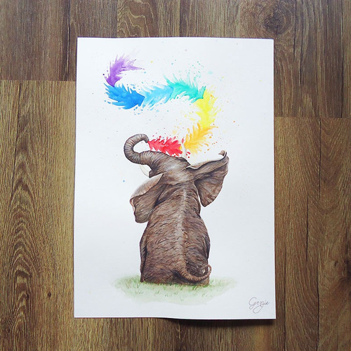 Imagem 3 de 3 de Pintura Em Aquarela Bebê Elefante Feliz